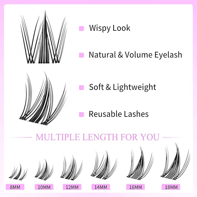 VEYESBEAUTY Manga Lash Clusters Kit Eyelash Extensions Thin & Invisible Band DIY Individual False Eyelashes Newbie's Five-Second Series Wispy Lash Tray Kit, with Bond&Seal Remover Applicator