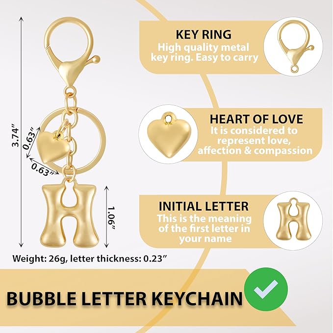 Heart Bubble Letter Keychain for Women, Girls - Cute Keychain with Initial - Alphabet Keychain for Bag Charm, Handbag