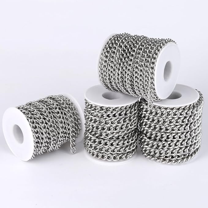 16.5 FT Stainless Steel Curb Chain Roll, 7mm 304 Stainless Steel Flat Twisted Links Curb Chains Bulk Spool for Jewelry Making Necklace DIY Craft