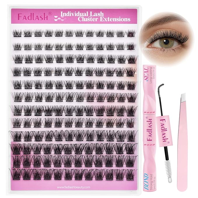 FADLASH Lash Clusters Kit DIY Lash Extension Kit D Curl 0.07 Natural Eyelash Extension Clusters Wispy Lash Clusters with Lash Bond and Seal Lash Tweezer for Self Application(F32-0.07D, 8-16mm Kit)