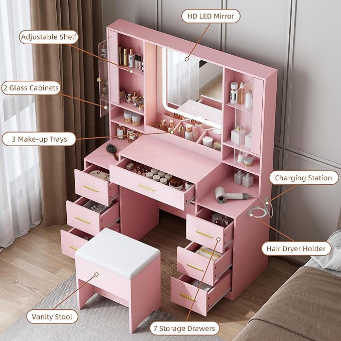 Vanity Desk with Mirror & Lights, Makeup Vanity with Power Strip & Chair, 7 Drawers & 2 Cabinets, Hair Dryer Holder, RGB Cabinet Lighting, 3-Color Dimmable Mirror, and Cushioned Stool