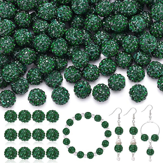 120pcs 10mm Rhinestone Beads for Jewelry Making, Dark Green Shiny Round Shamballa Disco Ball Beads Bulk, Sparkle Crystal Clay Christmas for Bracelet Baseball Necklace Earring Crafting and DIY