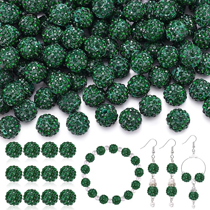 200 Pcs Emerald Rhinestone Beads for Jewelry Making, Sparkle Crystal Clay Christmas for Bracelet Baseball Necklace Earring Crafting and DIY, Shiny Round Shamballa Disco Ball Beads Bulk