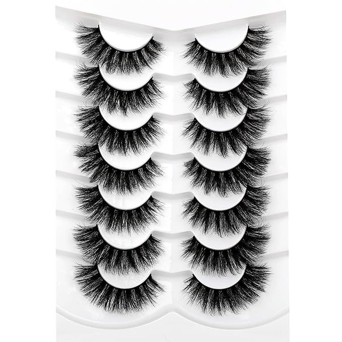 Pooplunch False Eyelash Volume Cat Eye Lashes D Curly Fluffy Lashes Wispy 8D Natural Soft Faux Mink Fake Eyelash Strips 7 Pairs Pack