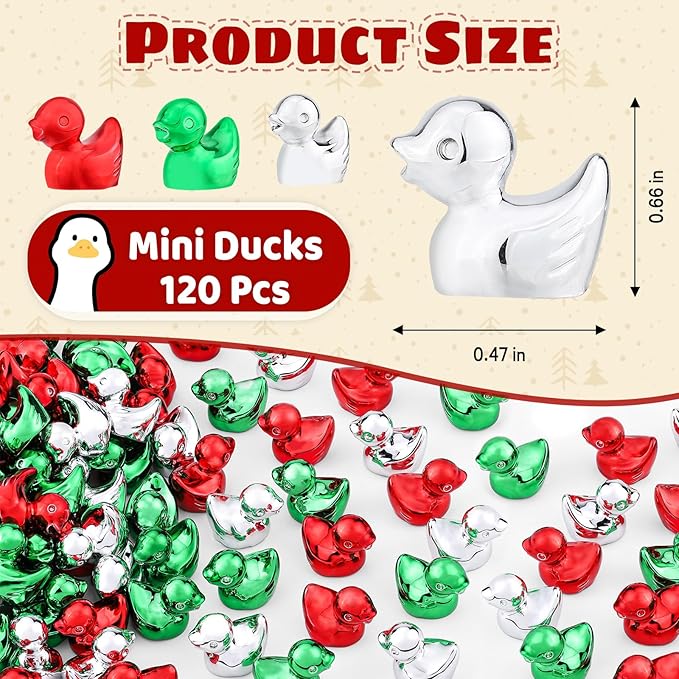 120Pcs Mini Duck Statue Golden Duck Figurines Micro Garden Landscape Dollhouse Cake Decoration Potted Plants DIY Craft Charms for Party Gift(Red Green Silver)