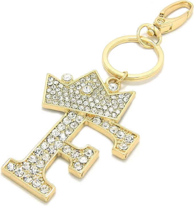 CBC Crown Crystal Rhinestone Letter Initial Keychain, Gold Metal, Bag Charm with Key Ring Approx. 2.17" x 2.56"