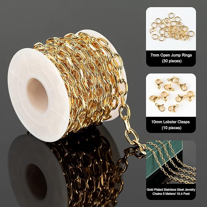 UMAOKANG 16.4 Feet Gold Plated Chain for Jewelry Making, Stainless Steel Cable Necklace Chains Bulk with Jump Rings and Lobster Clasps Jewelry Supplies