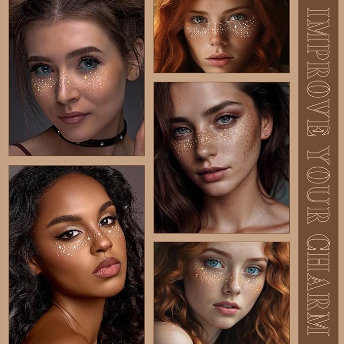 Glitter Freckles Face Tattoo 6 Sheets Face Makeup Patches Gold & Silver Star Fake Freckles Cute Temporary Makeup Accessories for Women Girls Party - Set2