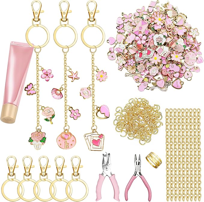 X-Kingsun 303Pcs DIY Lip Gloss Charms Keychain Kit 100 Pink Charms 20 Keychains 140 Jump Rings 20 Extender Chains 100 Hooks and Tools Bag Charm Kits for Jewelry Making Crafting