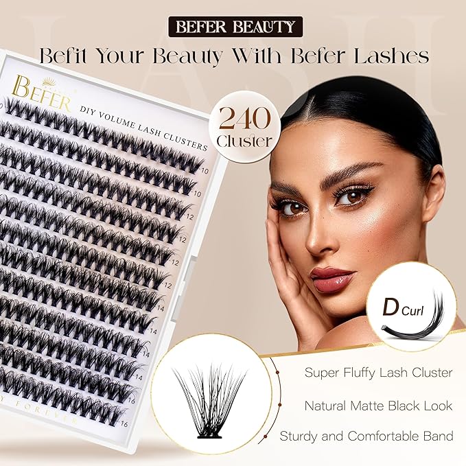 BEFER Lash Clusters, 240 Pcs D Curl Eyelash Clusters Volume Individual Lashes Extensions 10-16MM Wispy Eyelash DIY At Home(40P)