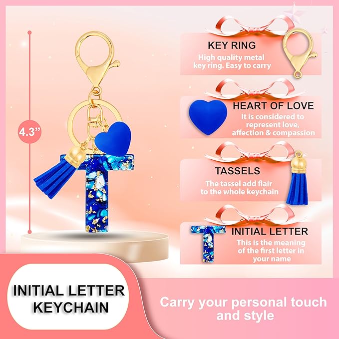 Initial Keychains for Women with Cute Heart Resin - Alphabet Letter Keychain for Bag, Backpacks, Purse or Car key