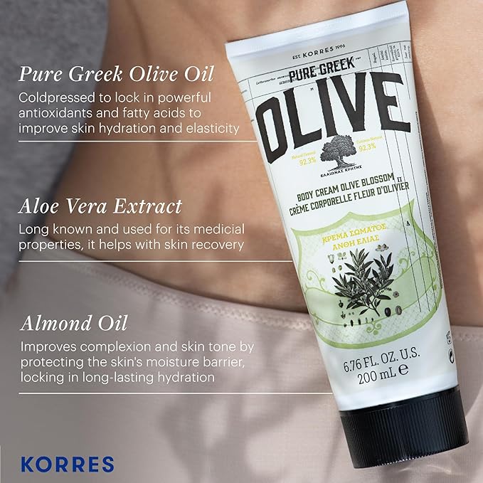 KORRES Olive Body Lotion for Dry Skin Moisturizer Cream with Vitamin E, Aloe and Pure Greek Olive Oil for Body Care, Hydrating & Nourishing for Smooth, Supple Skin, Olive Blossom Scented, 6.76 fl oz