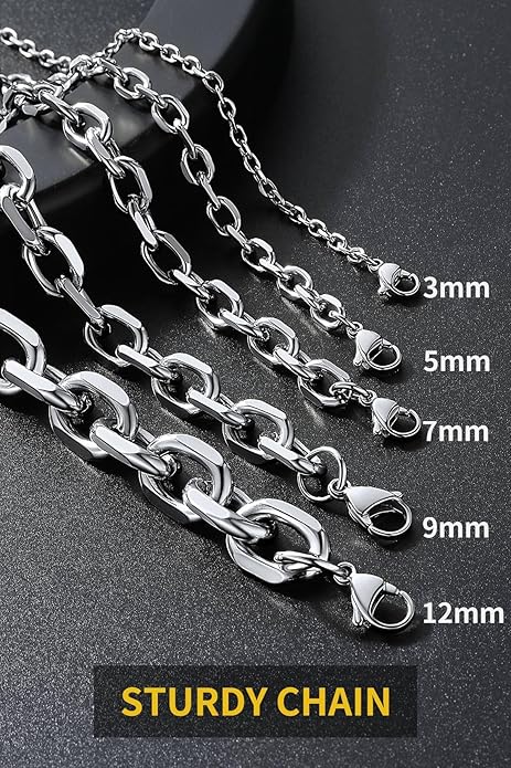 ChainsHouse Stainless Steel Cable Chain Necklaces for Men Women, 3mm/5mm/7mm/9mm/12mm 18K Gold/Black Plated Mens Cable Link Chains, 18"-30" Length - Send Gift Box