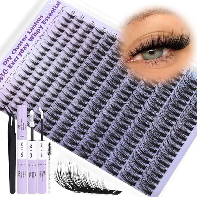 Kiromiro Wispy Lash Clusters Kit 10-20mm Cluster Eyelash Extensions DIY Lash Extension Kit 240pcs Natural Cluster Lashes Kit C Curl Cluster Eyelashes with Bond and Seal & Tweezers