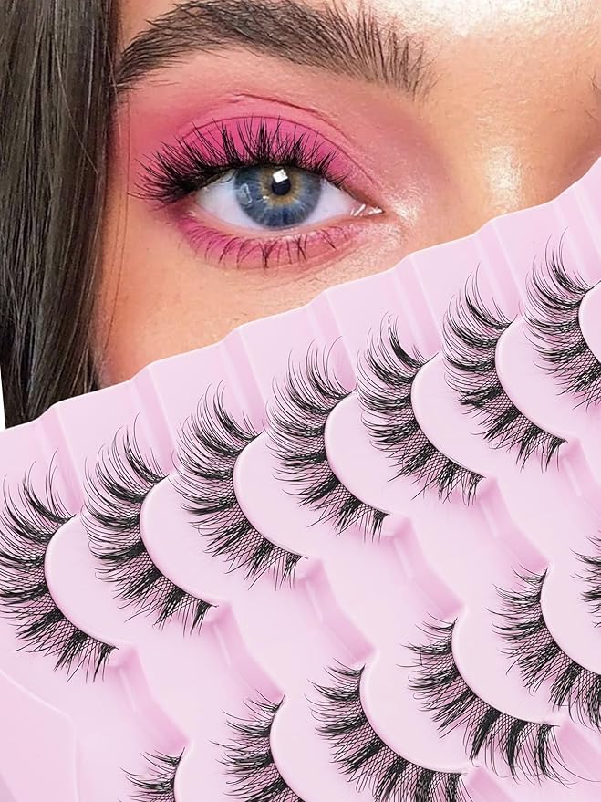False Lashes Wispy Cat Eye Lashes Natural Look 16MM Foxy Eyelashes C Curl Lash Strips Fake Eyelashes with 0.03MM Thin Band Natural Eyelash Extensions 7 Pairs Siligli