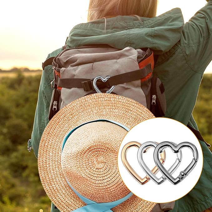 6 Pcs Heart Carabiner Keychain Clip Cute Keychain Hook 1.18 Inch Large Heart Shaped Carabiner Key Ring for Camping Accessories, Backpack Water Bottle Zinc Alloy Accessory (Gold, Silver, Black)
