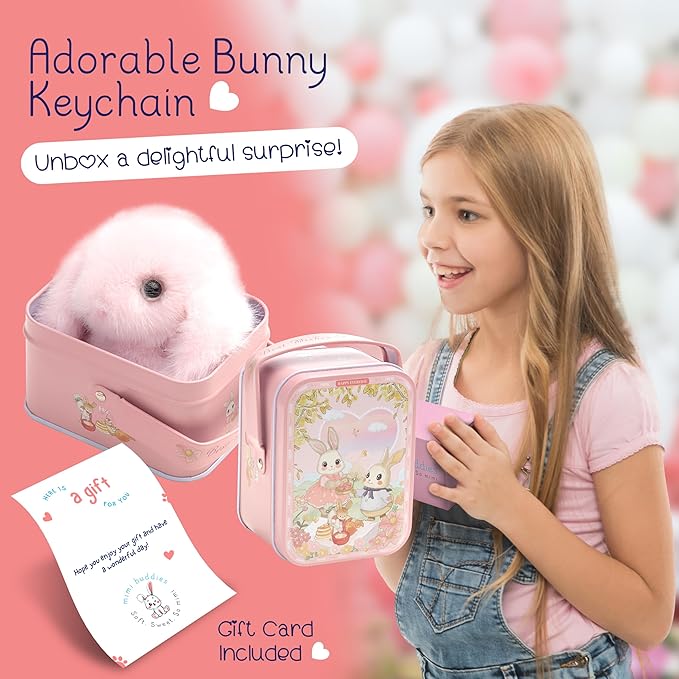 Mimi Buddies Bunny Keychain with Box, BunnyKeychain with Tin, Cute Bag Car Handbag Charm Keychains, BunnyCute Key chain