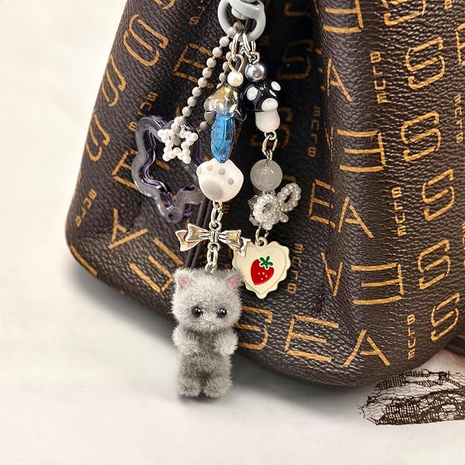 Cute Cat Keychain, Y2K Heart Bow Pendant, Kawaii Cat Bag Charm