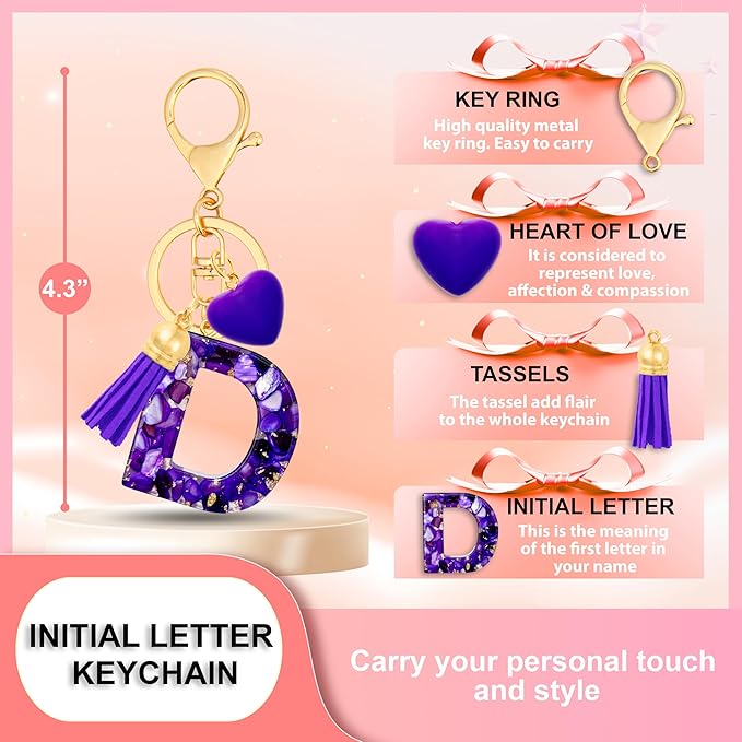 Initial Keychains for Women with Cute Heart Resin - Alphabet Letter Keychain for Bag, Backpacks, Purse or Car key