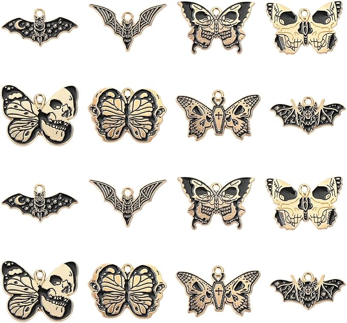 Stiesy 40 Pcs 8 Styles Gothic Style Black Enamel Butterfly Charms Animal Bat with Skull Pendant Metal Charm for Jewelry Making Crafts DIY Bracelets Necklace Earring