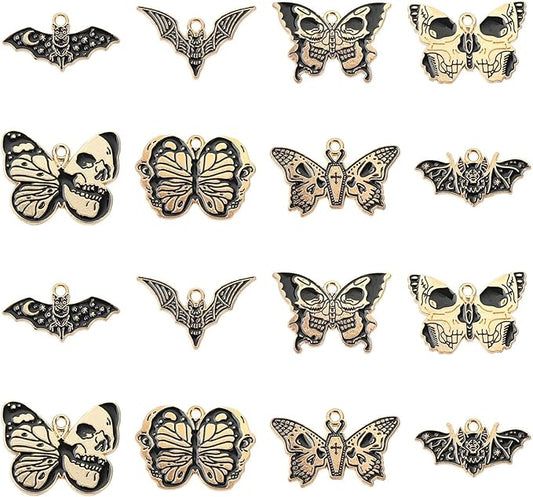 Stiesy 40 Pcs 8 Styles Gothic Style Black Enamel Butterfly Charms Animal Bat with Skull Pendant Metal Charm for Jewelry Making Crafts DIY Bracelets Necklace Earring