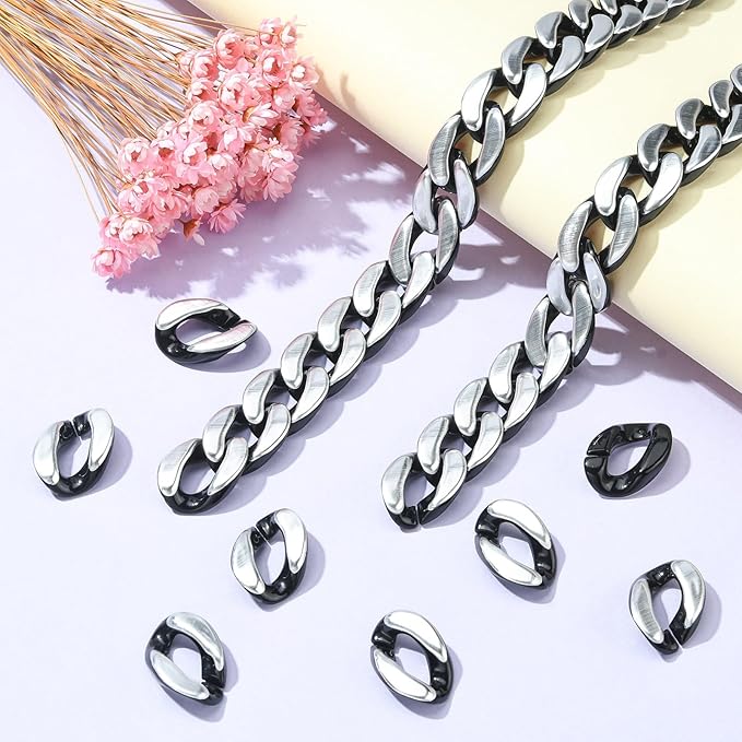 LiQunSweet 100 Pcs Black White Acrylic Plastic Oval Linking Chain Rings with Zebra Pattern Quick Link Connectors for Jewelry Making - 17x23mm