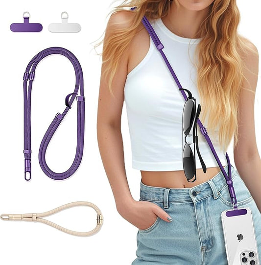 3-in-1 Cell Phone Lanyard 1 Pack + Wrist Strap 1 Pack - Convertible Crossbody Strap with Locking Knob Friendly, Adjustable Neck Lanyard for Gym/Work/Travel Essentials(Purple)
