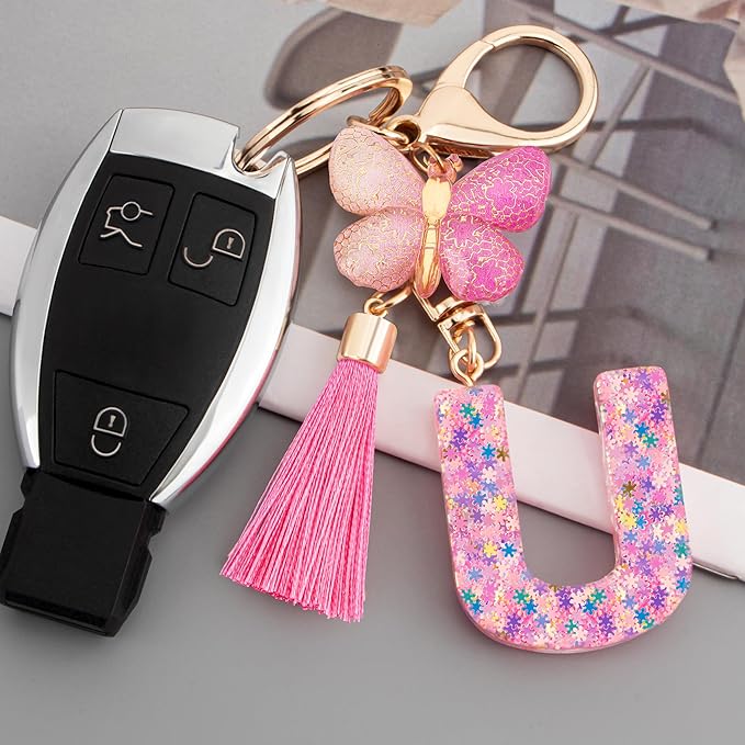Suweibuke Cute Pink Key Chains for Women Girls, Initial Letter Keychains with Tassel, Charms for Key Purse Handbags Backpacks
