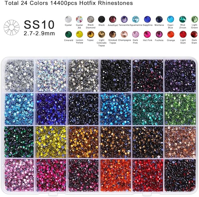 BEADSLAND Hotfix Rhinestones Mixed 24 Colors, SS10 Rhinestones for Crafts Clothes, Hotfix Crystals with 1 Tweezers, 1 Wax Pencil and 1 Spoon
