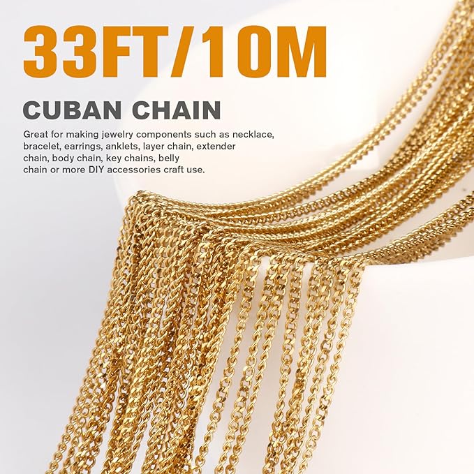 33FT Gold Stainless Steel Cuban Chain Roll 1.5MM 18K Gold PVD Plated Diamond-Cut Curb Link Chains Spool Bulk for Jewelry Making