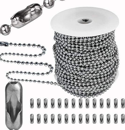 55ft Ball Bead Chain, 5.0mm Stainless Steel Dog Tag Chain with 100 Connectors Clasps for Jewelry DIY Craft Making,Dog Necklace Chain,Men Military Keychain Making Supplies (Silver)