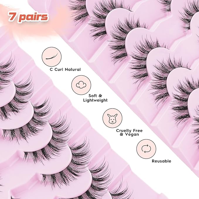 False Lashes Wispy Cat Eye Lashes Natural Look 16MM Foxy Eyelashes C Curl Lash Strips Fake Eyelashes with 0.03MM Thin Band Natural Eyelash Extensions 7 Pairs Siligli