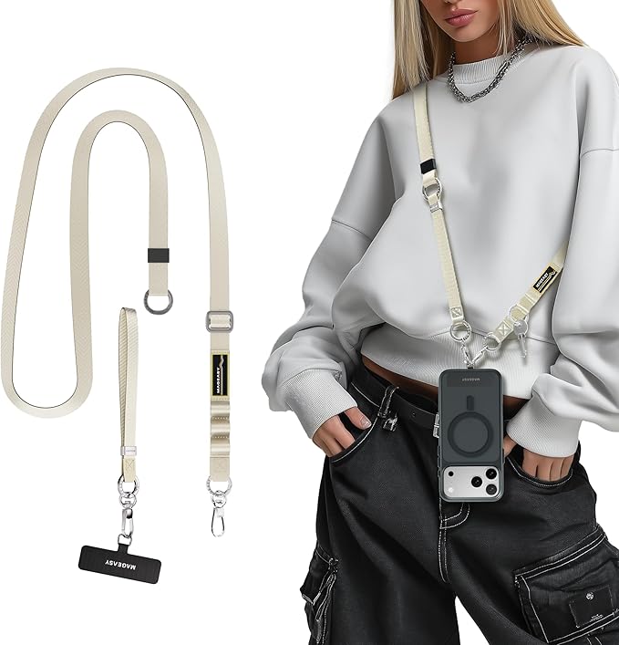 MAGEASY 2-IN-1 Cell Phone Lanyard Crossbody + Wrist Strap Detachable, Built-in Phone Tether Tab & Keychain Compatible with iPhone Most Smartphones | Click and Go Strap for Daily Travel (Starlight)