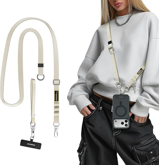 MAGEASY 2-IN-1 Cell Phone Lanyard Crossbody + Wrist Strap Detachable, Built-in Phone Tether Tab & Keychain Compatible with iPhone Most Smartphones | Click and Go Strap for Daily Travel (Starlight)