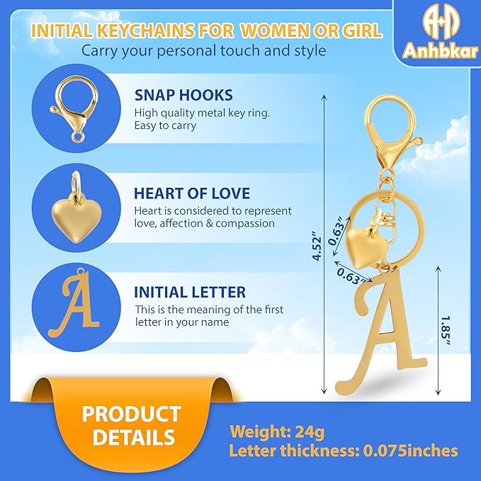 A-Z Heart Initial Letter Keychain, Stainless Steel Alphabet Charm for Handbags, Gift for Women and Girls