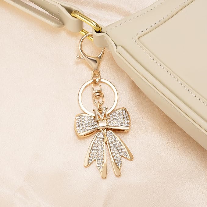 XGALBLA Sparkly Cute Initial Letter Rhinestone Bow Keychain for Women Gold Tone Bag Charms Coquette Aesthetic Purse Charms