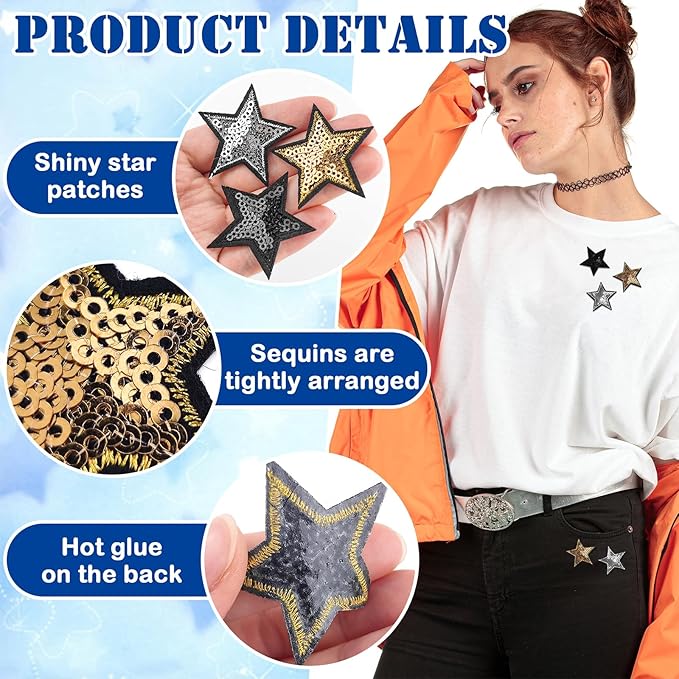 30Pcs Sequin Star Iron on Patches Glitter Stars Patches Gold Black Silver Iron on Stars for Hats Clothes Backpacks Costume