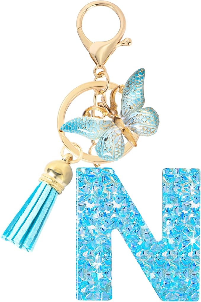 Initial letter Keychains for Women Girls Tassel Butterfly Cute Keychain for Wallet Backpack charm