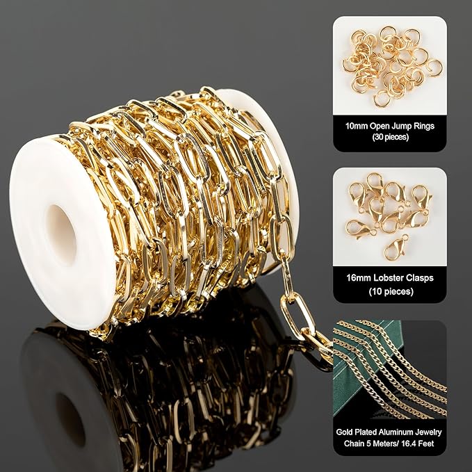 UMAOKANG 16.4 Feet Light Gold Plated Aluminum Chain for Jewelry Making Large Paperclip Chain for Men and Women Necklace Bracelet DIY Jewelry Supplies Findings