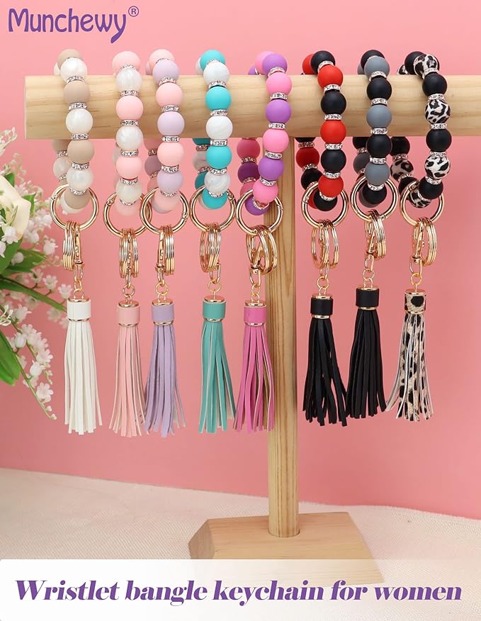 Munchewy Silicone Key Ring Bracelet for Women, Beaded Wristlet Keychain Key Holder with Zircon Tassel for Mother's Day Gift