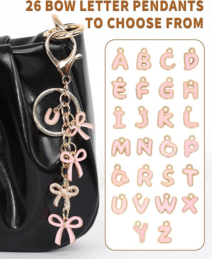 Bow Purse Charms Keychain - Pink Bow Alphabet Letter Key Chain, Bag Charms Wallet