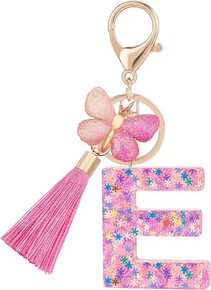 Suweibuke Cute Pink Key Chains for Women Girls, Initial Letter Keychains with Tassel, Charms for Key Purse Handbags Backpacks