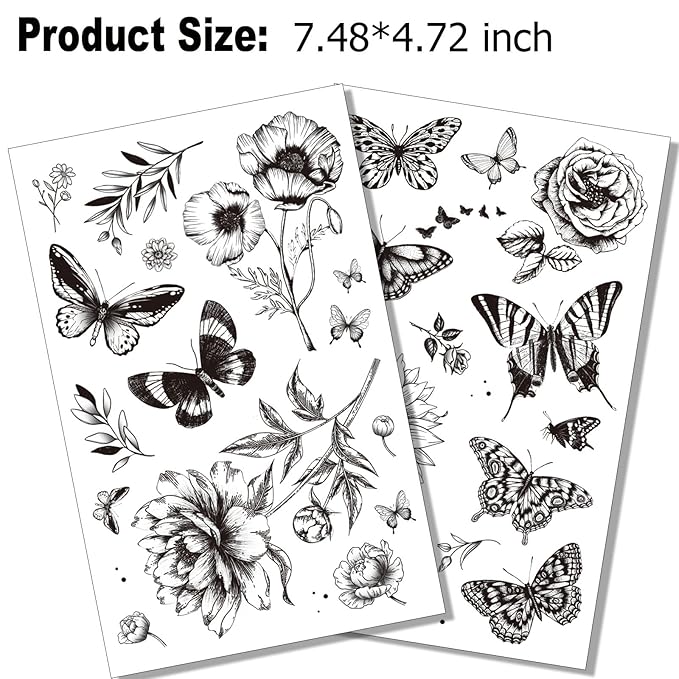 Tazimi 6 Sheets Black Flower Butterfly Temporary Tattoos For Women Girls Long Lasting Realistic Waterproof Fake Tattoos Arm Legs Chest Body Art Sketch Tattoo Stickers