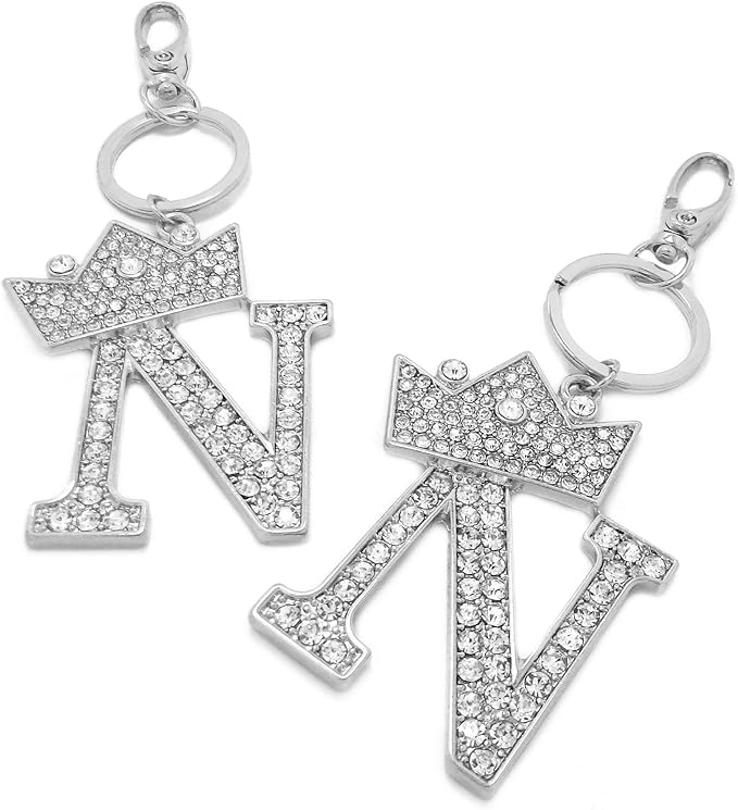 CBC Crown Crystal Rhinestone Letter Initial Keychain, Gold Metal, Bag Charm with Key Ring Approx. 2.17" x 2.56"