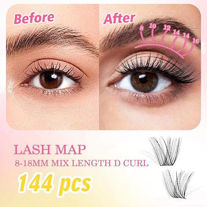 Gyinsoo DIY Eyelash Extension Kit "Cali Breeze" - 144Pcs Fluffy Volume Clusters (8-18mm Mix) with Waterproof Bond and Seal - Dramatic D Curl Individual Lashes for Vacation, Travel & Photoshoots