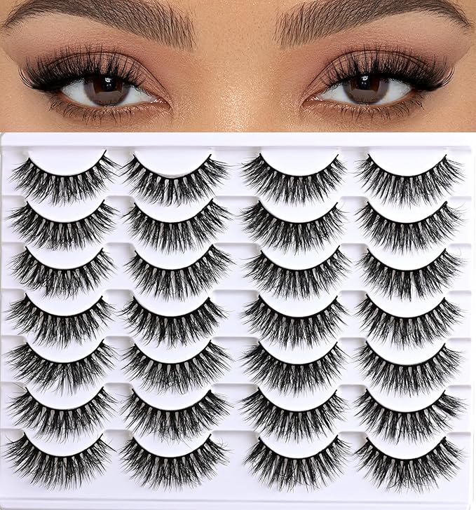 APCYUST Lashes False Eyelashes Natural Lashes Wispy 14 Pairs Fake Eyelash Reusable Lash Strips Fluffy Eye Lashes Pack Short Mink Strip Lashes Natural Look Wispies Cateye Lashes for Women