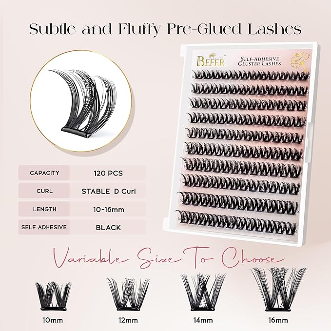 BEFER Self Adhesive Eyelashes Clusters, D Curl 10-16MM Pre Glued Lash Natural Look No Glue No Remover Needed Reusable Lashes Press on Eyelash Clusters Easy for Use DIY at Home(TYB102,Velvet)