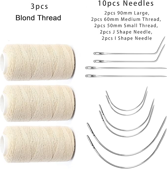 Ryalan Weaving Needle Combo Deal 3 Thread with 10pcs Needle for Making Wig Sewing Hair Weft Hair Weave Extension Big Medium and Small C Shape Curved Needle with J I Needle (10 Needle, 3 Thread, Blond)