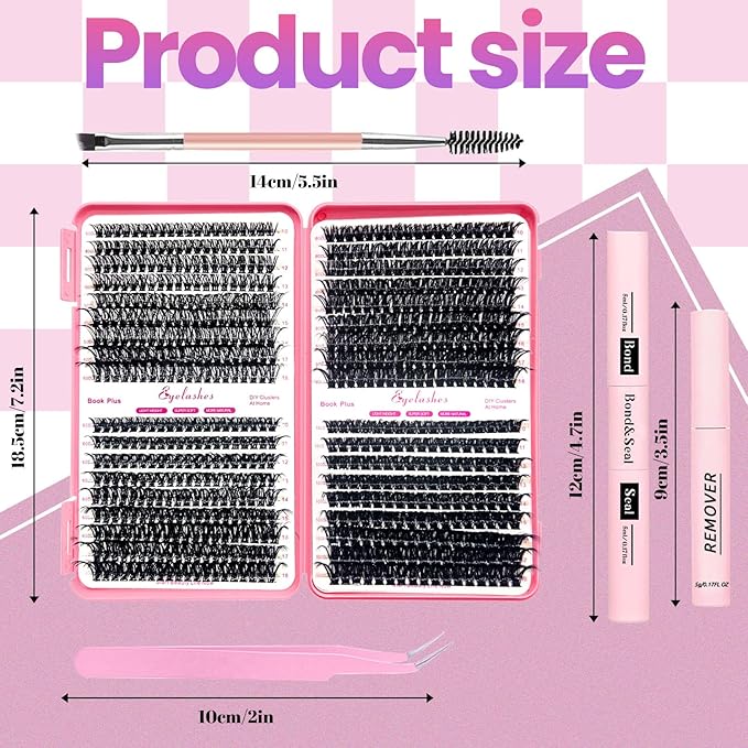 Qiveaory DIY Lash Extension Kit 684pcs Individual Lashes Clusters D Curl Eyelash Extension Kit with Lash Bond and Seal,Eyelash Remover Tweezers Brush(10-18mm,50D+60D+80D+100D) Lash Books DIY at Home