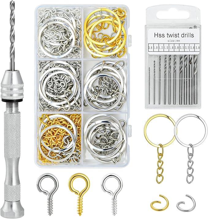 SONGIN Pin Vise Hand Drill Set, 670 Pcs Steel Manual Hand Drill Kit with 10 Pcs Drill Bits, Small Screw Eye Hooks, Keychain Rings for Jewelry Keychain Making and Crafts